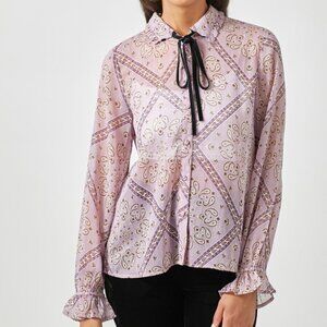 MYSTREE Lavender Paisley Print Blouse, Long Sleeve Tie Neck Top with Ruffle Cuff